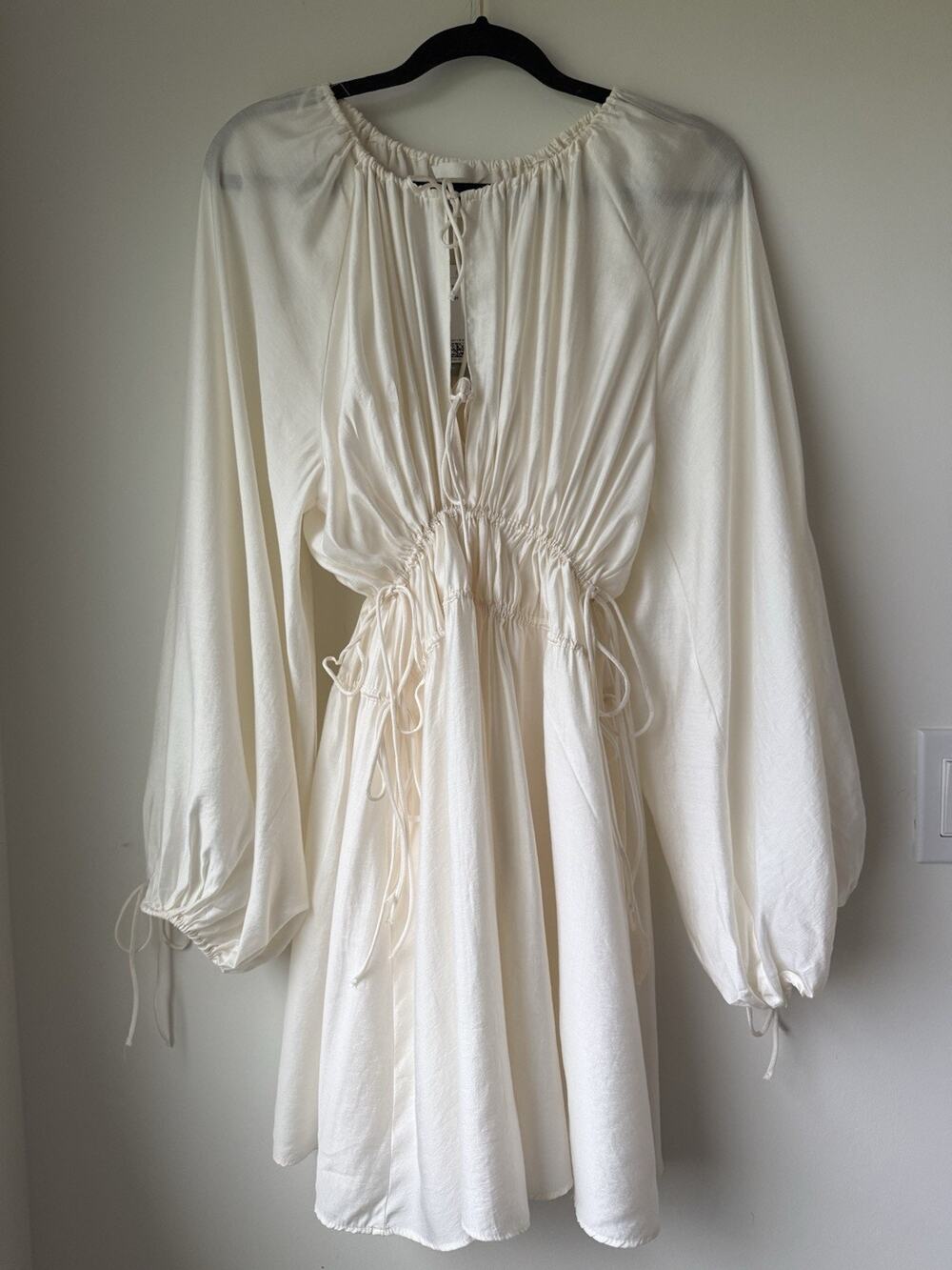 H&M Oversized Tie Detail Mini Dress Ivory Long Sleeve Balloon Size S NWT